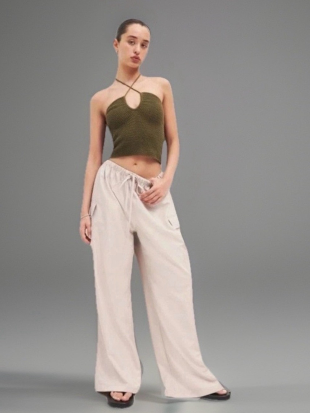 Reformation Suzanne Halter Sweater Tank Olive Oil Green Open Knit Keyhole Top L - Picture 3 of 10